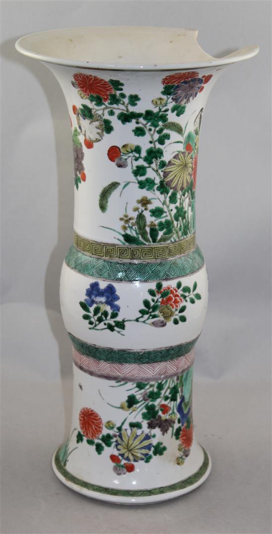 A large Chinese famille verte beaker vase, Gu, Kangxi period, 44.5cm, 11 x 3.5cm section of rim lacking